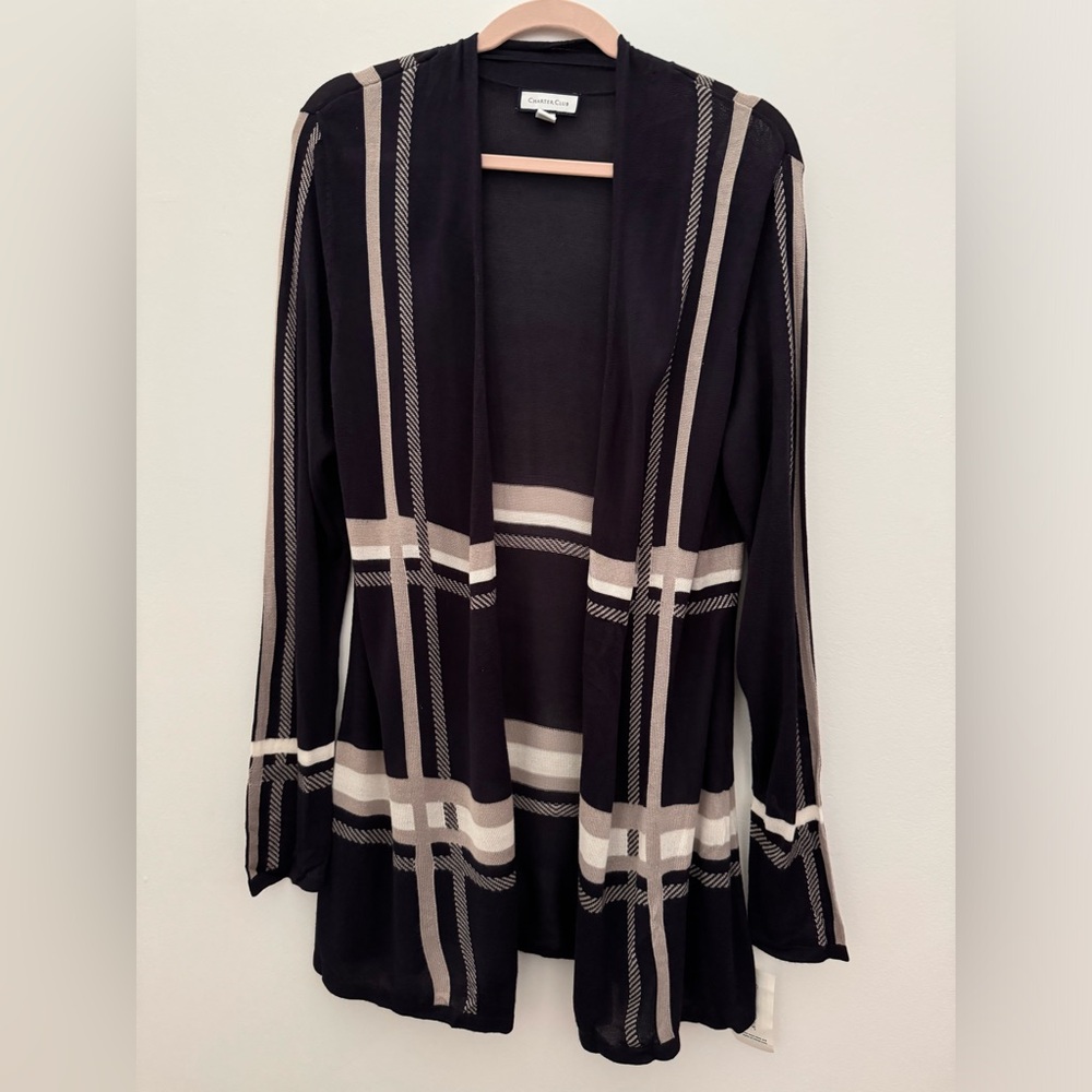 Charter Club Navy and Tan Plaid Cardigan